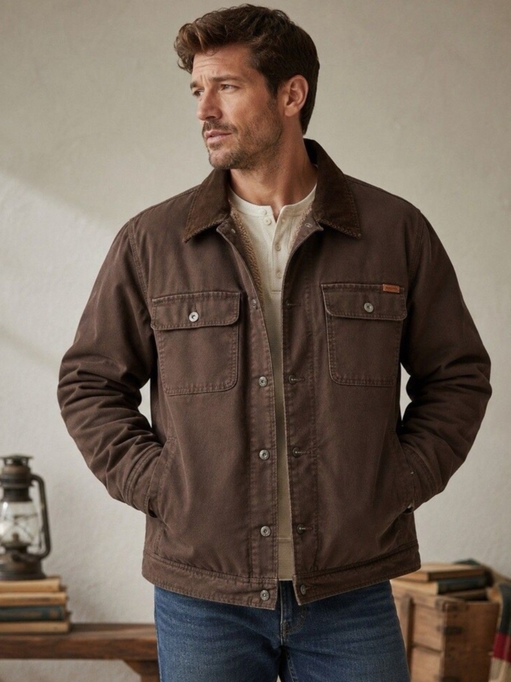 Woolrich Men's Brown Sherpa-Lined barn workwear chore coat Jacket Med corduroy